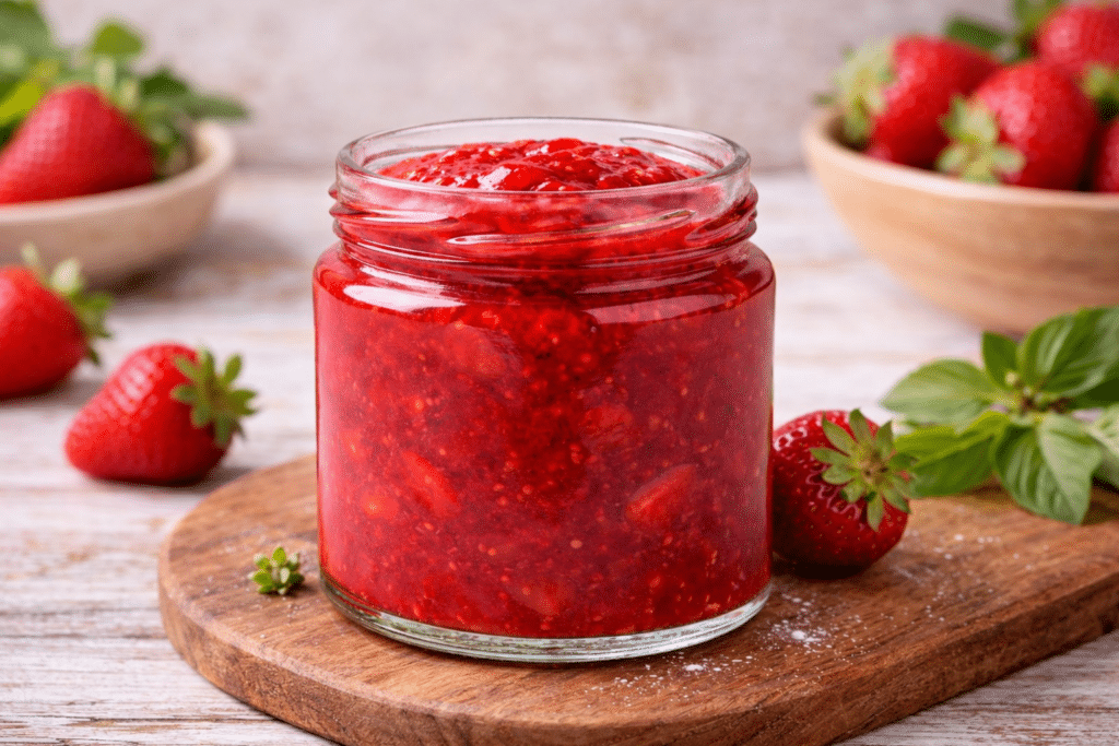 tarro de cristal con mermelada de fresa