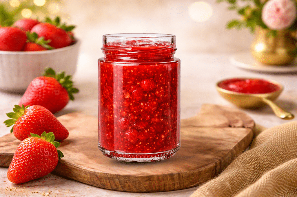 tarro de cristal con coulis de fresa