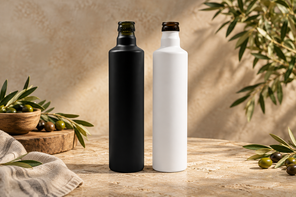 Cómo elegir la botella perfecta para tu aceite de oliva Comprar online frascos tarros de vidrio Botellas Dórica Pilfer pintadas en negro y blanco para aceite de oliva